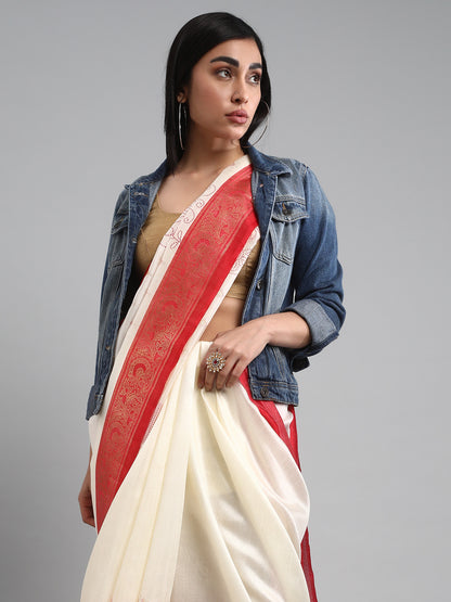 Women's Silk Blend Off White Printed Designer Saree With Blouse Piece
