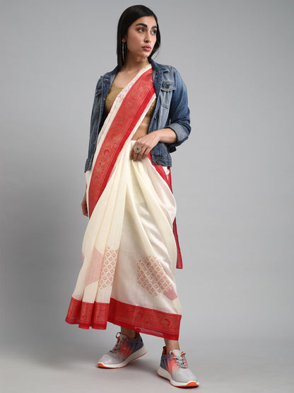 Women's Silk Blend Off White Printed Designer Saree With Blouse Piece