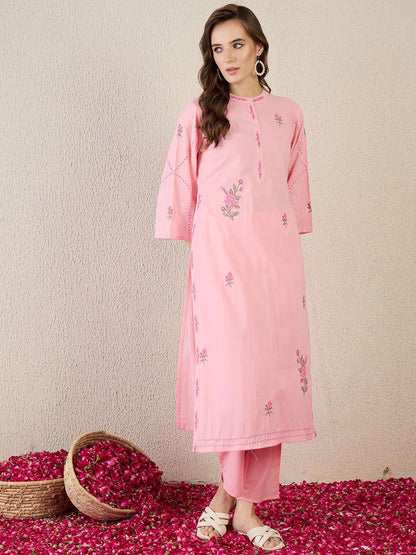 Dhiyona IE Embroidered Cotton Mandarin Collar Neck Top With Trousers Co-Ords