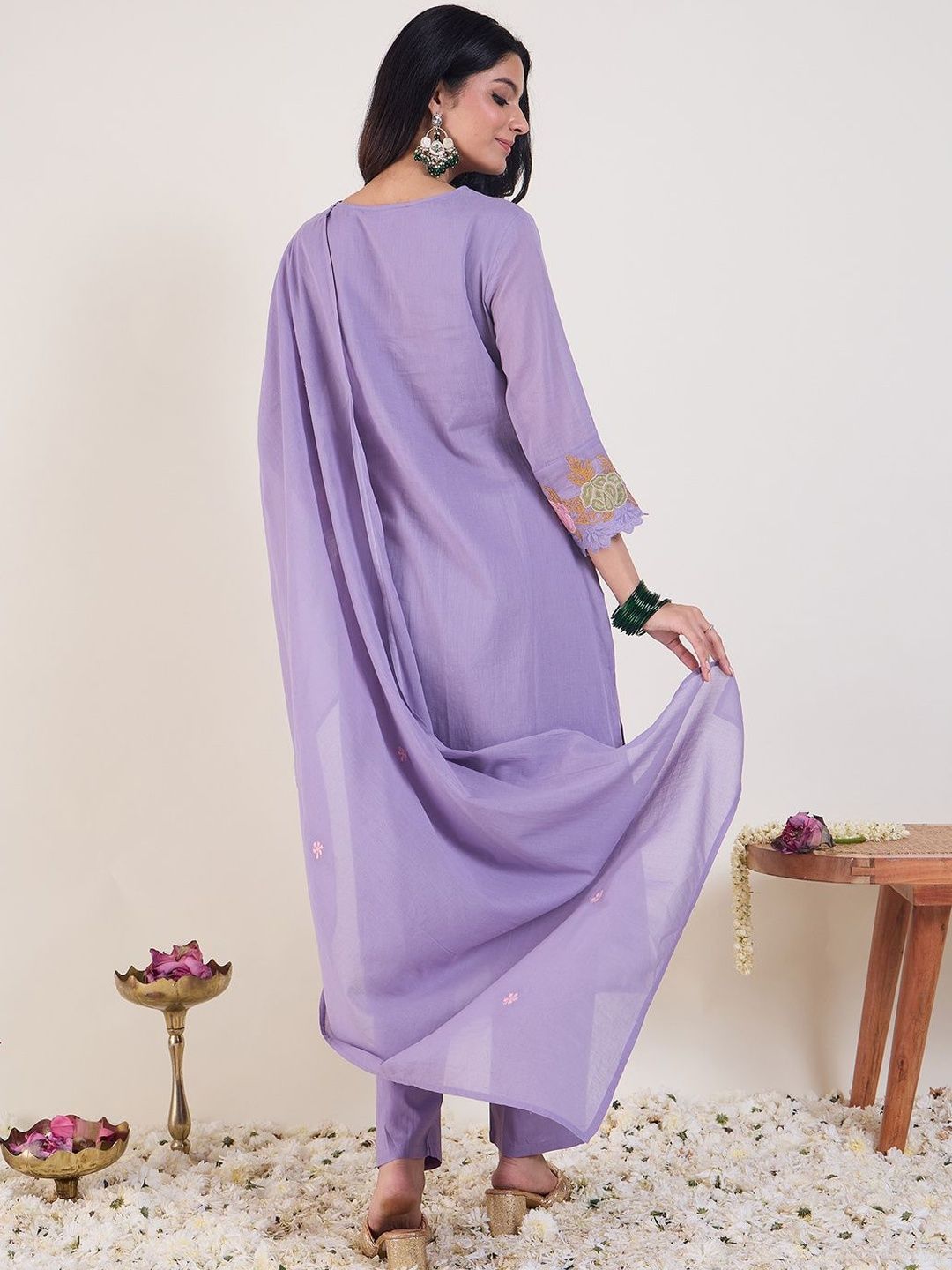 Floral Embroidered Notch Neck Pure Cotton Kurta & Trousers With Dupatta