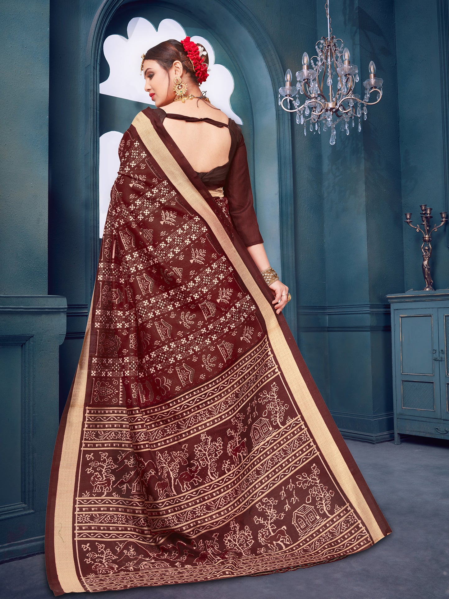 Women's Bhagalpuri Silk Brown Printed Designer Saree With Blouse Piece