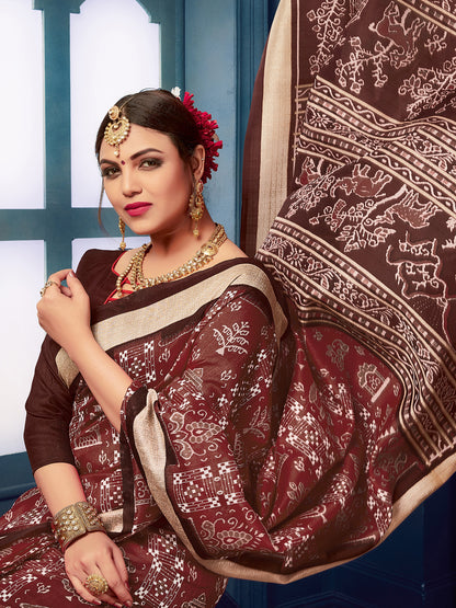Women's Bhagalpuri Silk Brown Printed Designer Saree With Blouse Piece