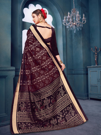 Women's Bhagalpuri Silk Burgundy Printed Designer Saree With Blouse Piece