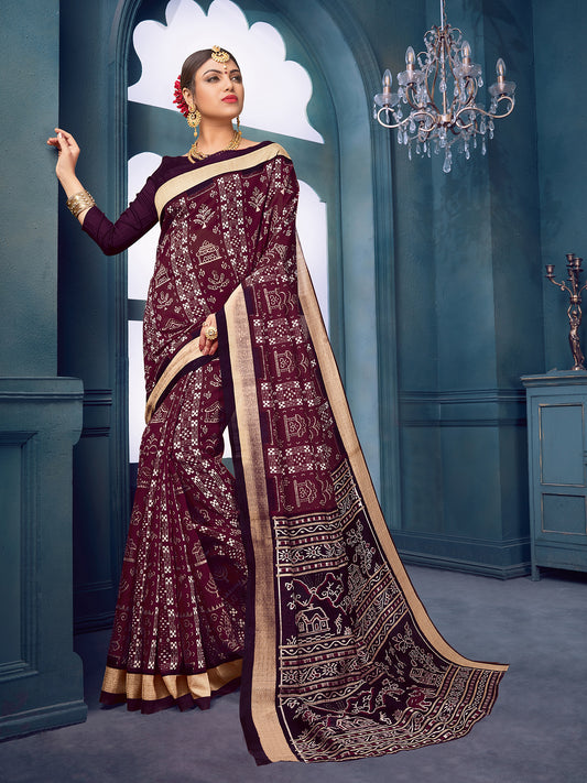 Women's Bhagalpuri Silk Burgundy Printed Designer Saree With Blouse Piece