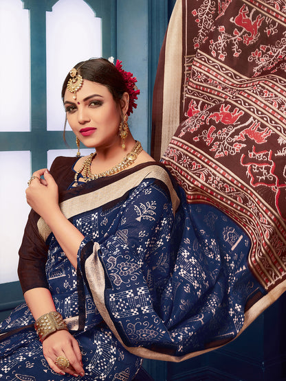Women's Bhagalpuri Silk Navy Blue Printed Designer Saree With Blouse Piece