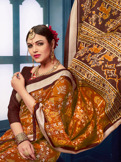 Women's Bhagalpuri Silk Mustard Printed Designer Saree With Blouse Piece