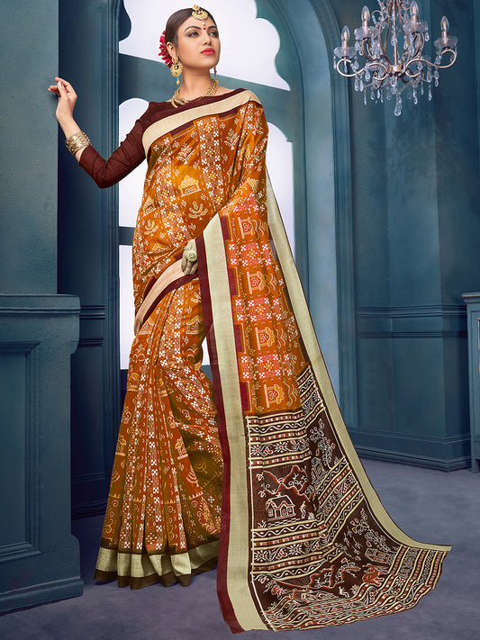 Women's Bhagalpuri Silk Mustard Printed Designer Saree With Blouse Piece