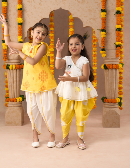 Marigold magic Girls Yellow Cotton Kurta and White Dhoti Ethnic Set