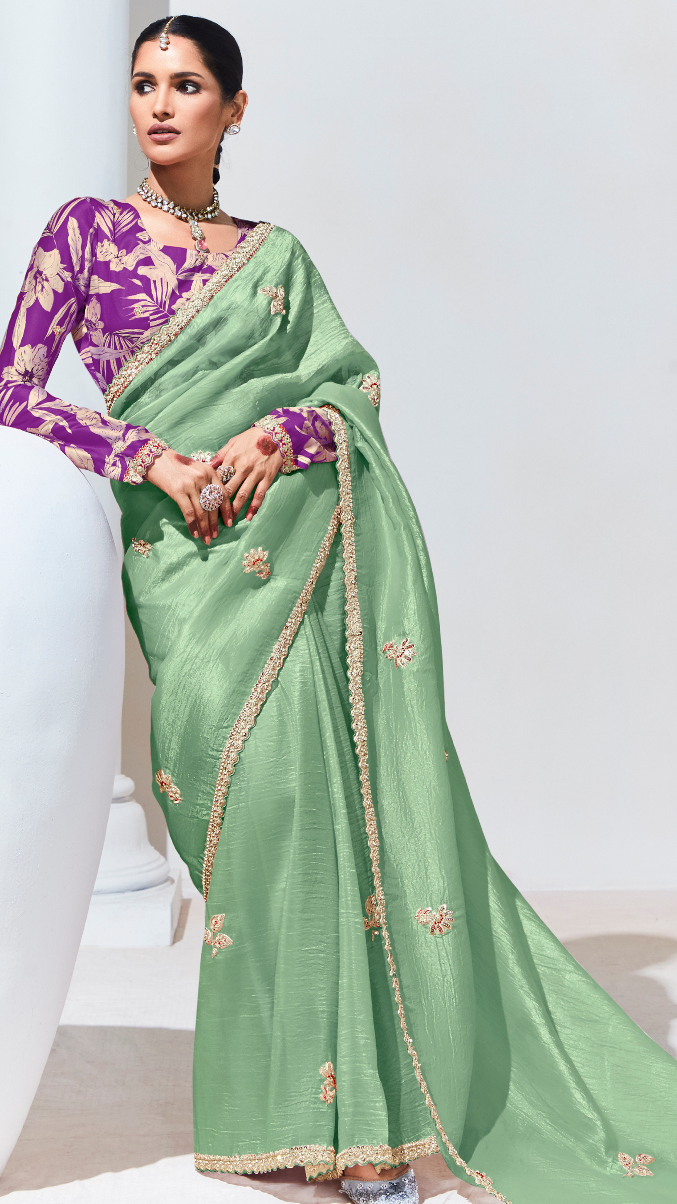 Dhiyona KM Women Sea Green Pure Tissue Silk Saree With Crushed Finish & Royal Purple Blouse