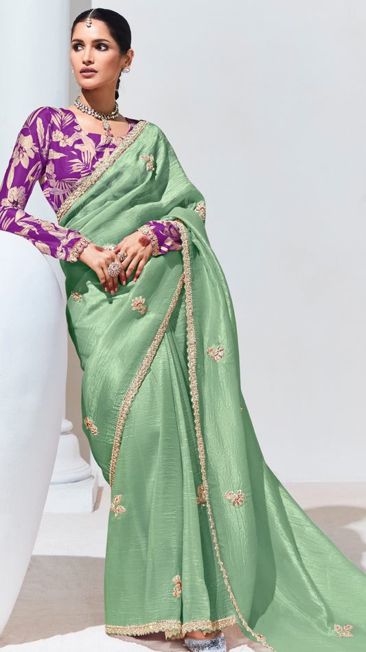 Dhiyona KM Women Sea Green Pure Tissue Silk Saree With Crushed Finish & Royal Purple Blouse