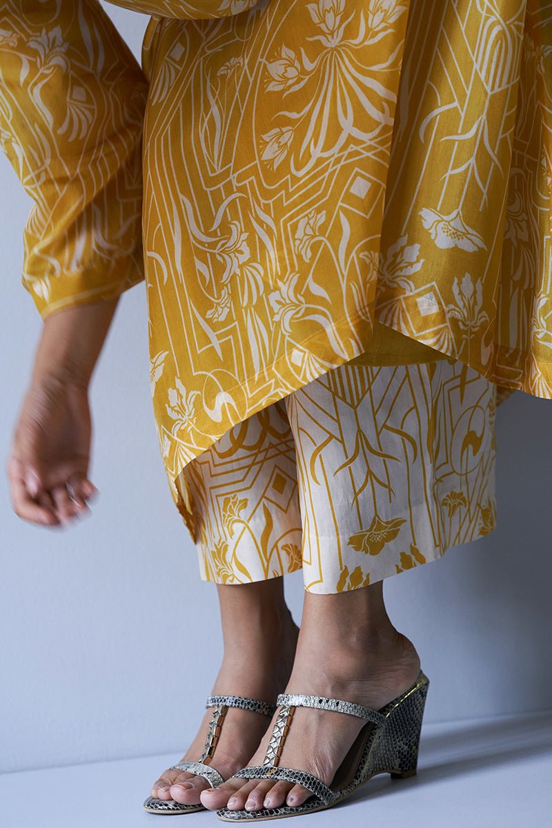 Women's Mustard Yellow and Beige Bemberg Silk Printed Co-ord Set