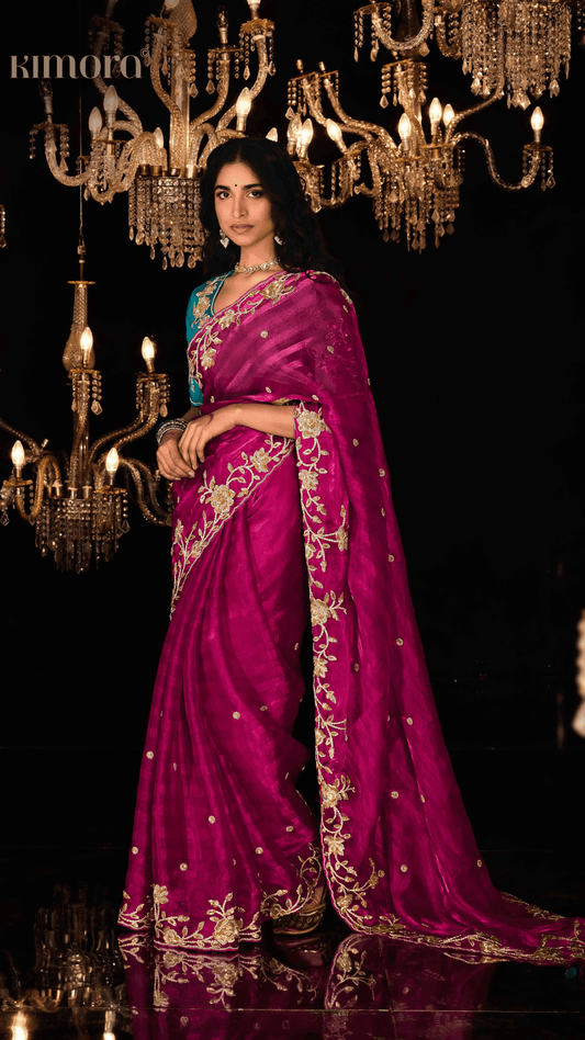 Dhiyona KM Women Red Hand-Embroidered Saree With Teal Blouse