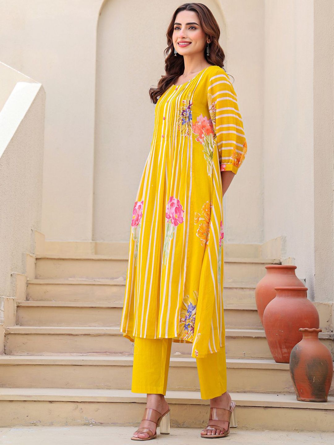 Floral Printed A-Line Pure Cotton Kurta With Trousers