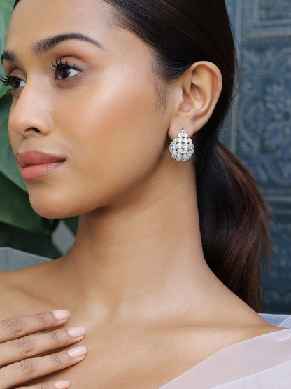 Dhiyona RJ Women's Rhodium-Plated Cubic Zirconia Cluster Design Statement Hoop Earrings