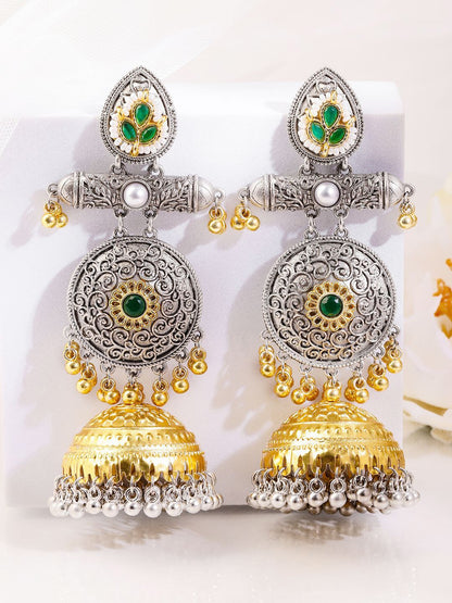 Dhiyona RJ Women's Silver & Gold Dual-Plated Oxidised Long Green Stone with Gold & Silver Beads Jhumka