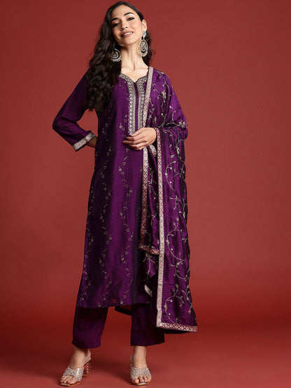 Dhiyona IE Floral Embroidered Sequinned Kurta With Trousers & Dupatta