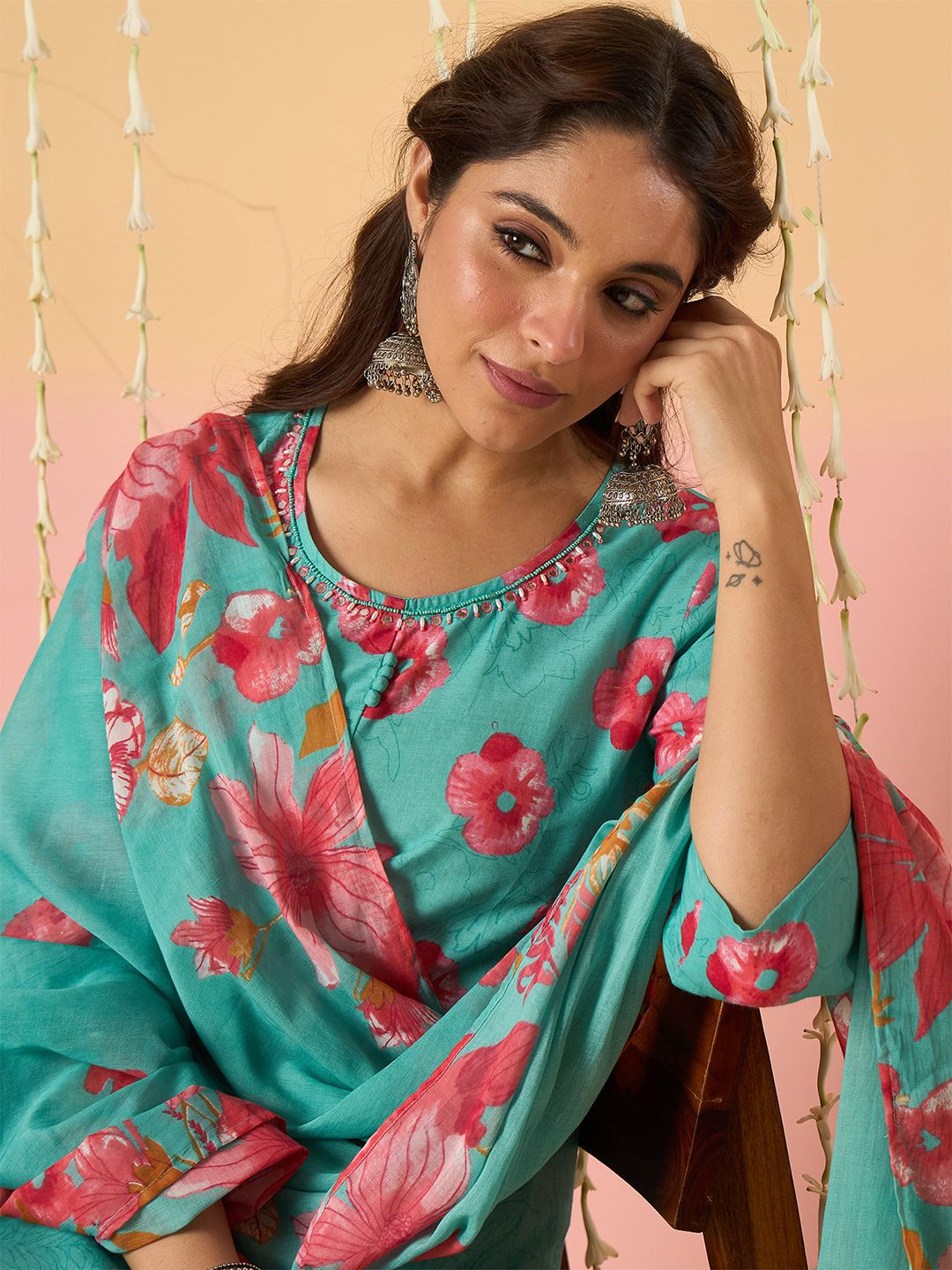 Dhiyona IE Floral Printed Pure Cotton Anarkali Kurta With Trousers & Dupatta