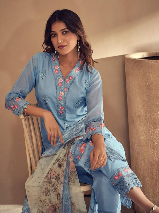 Dhiyona IE Women Floral Embroidered Regular Thread Work Kurta with Trousers & With Dupatta