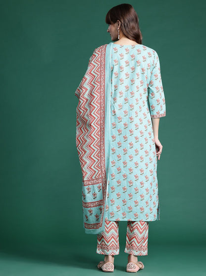 Dhiyona IE Floral Printed Pure Cotton Kurta With Trousers & Dupatta