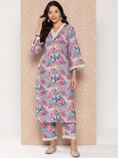 Dhiyona VA Women'sFloral Printed Regular Kurta with Trousers
