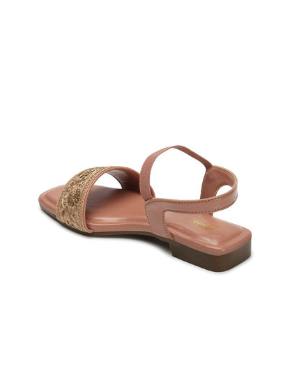 Dhiyona AK Pink & Gold-Toned Embroidered Open Toe Flats