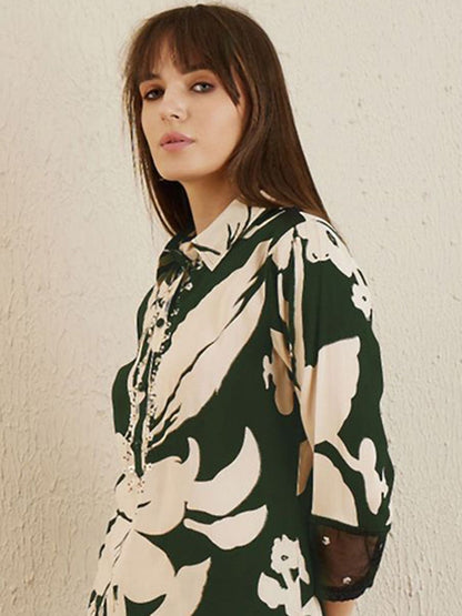 Floral Printed Shirt Collar Straight Kurta With Trousers