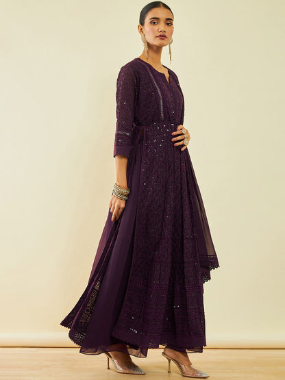 Dhiyona SO Women's Women Maroon Embroidered Pleated Sequinned Kurta with Palazzos & With Dupatta
