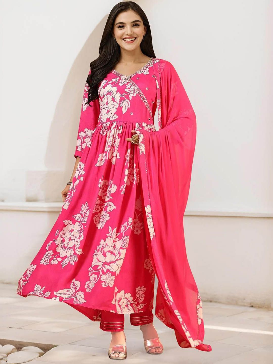 Dhiyona IS Women's Floral Printed Pure Cotton A-Line Kurta With Trousers & Dupatta