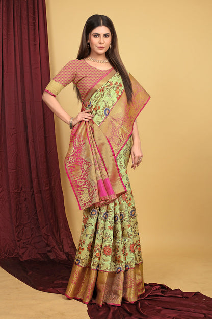 Dhiyona GR Women's Pista Green Kalamkari Silk Saree