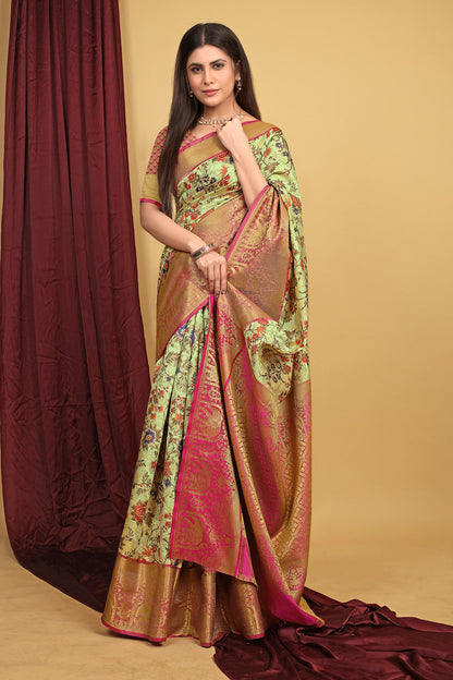 Dhiyona GR Women's Pista Green Kalamkari Silk Saree