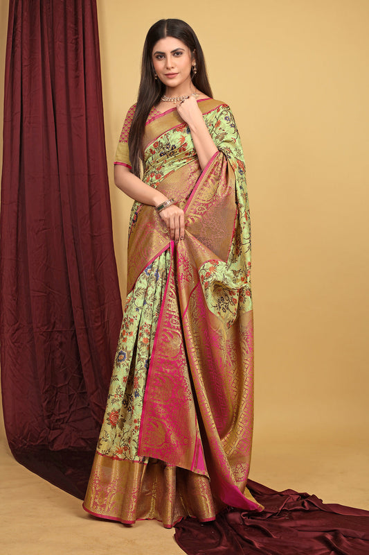 Dhiyona GR Women's Pista Green Kalamkari Silk Saree