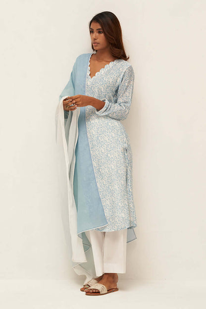 Women's Light Blue and White Bemberg Silk Printed Salwar Suit