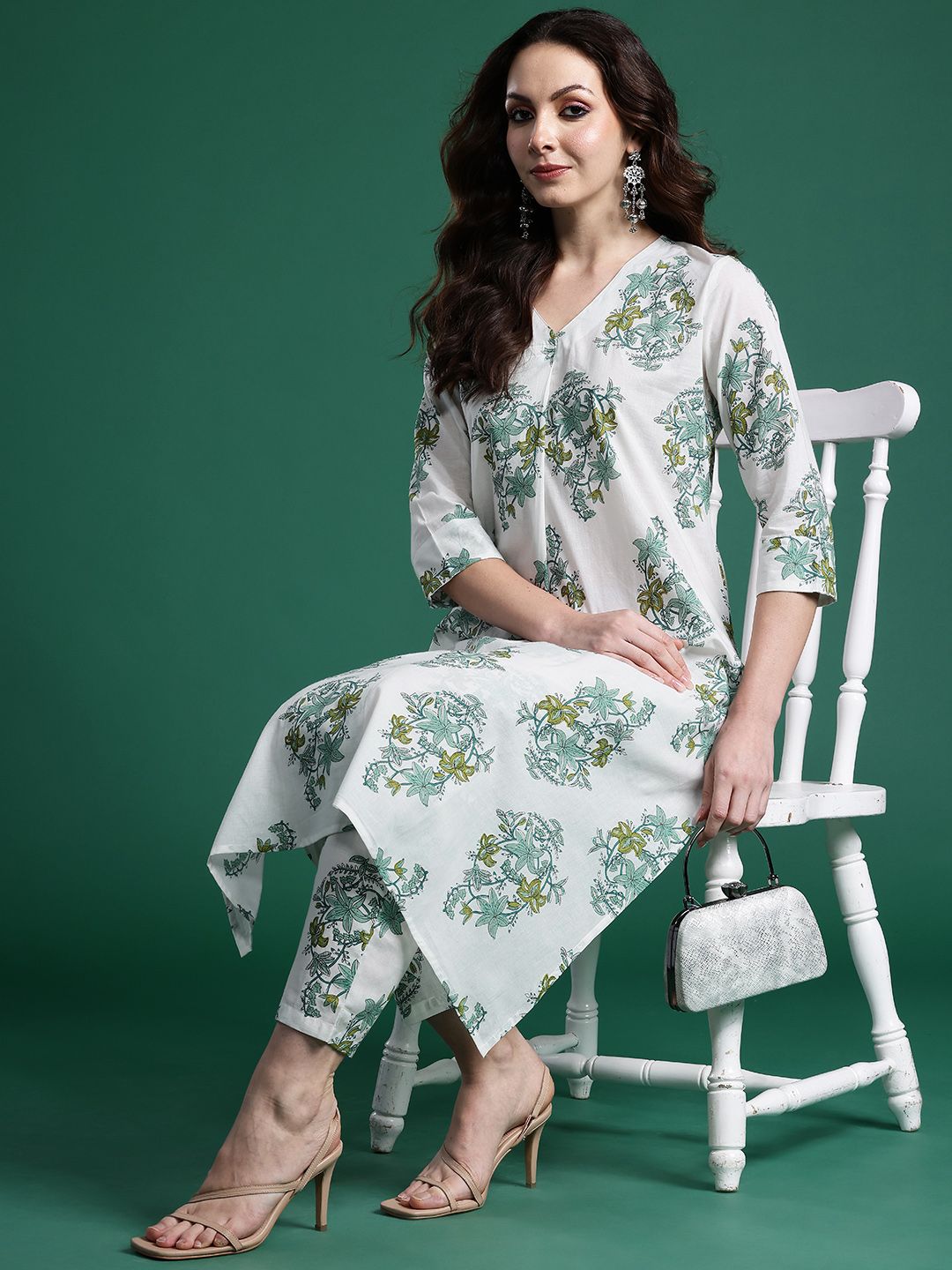 Floral Printed Pleated Pure Cotton Kurta with Trousers