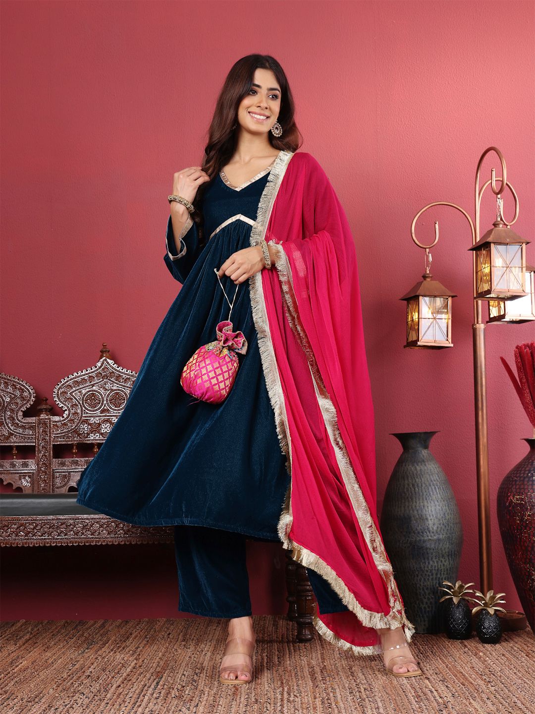 Dhiyona VA Women'sNavy Blue Flared Sleeves Lace Velvet Empire Kurta with Trousers & Dupatta