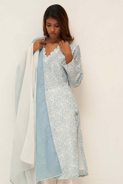 Women's Light Blue and White Bemberg Silk Printed Salwar Suit