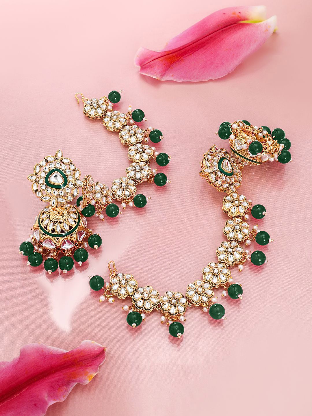 Dhiyona RJ Women's 22K Gold-Plated Kundan Studed Kan Chain Earring with Green Beads & Enamel Detailing