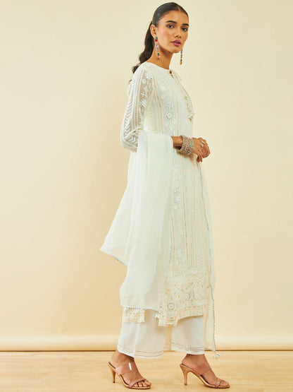 Dhiyona SO Women's Off White Floral Embroidered Georgette Sequinned Kurta with Palazzos & With Dupatta