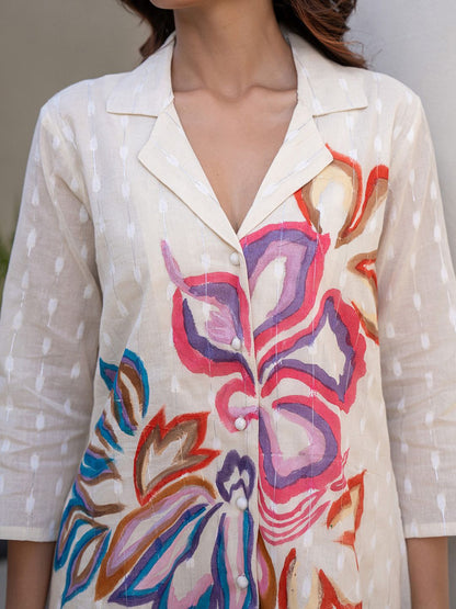 Dhiyona IE Floral Printed Shirt Collar A-Line Pure Cotton Kurta With Trousers