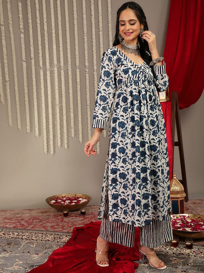 Dhiyona VA Women'sFloral Printed V-Neck Pure Cotton Empire A-Line Kurta & Palazzo With Dupatta
