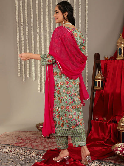 Dhiyona VA Women'sFloral Printed Gotta Patti Regular Kurta with Trousers & With Dupatta