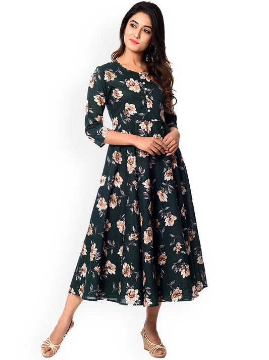 Dhiyona AY Women's Green Printed Fit and Flare Dress