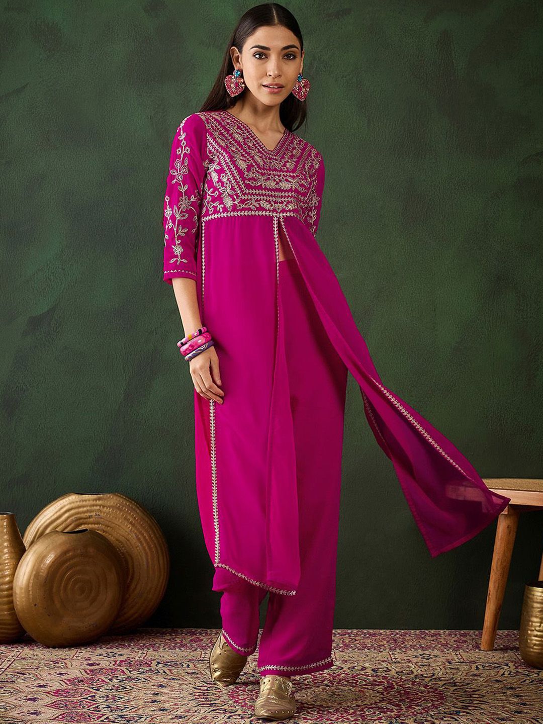 Dhiyona SN Women's Alina Cut Floral Yoke Design High Slit Zari Fusion Kurta With Trousers