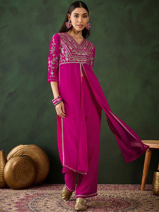 Dhiyona SN Women's Alina Cut Floral Yoke Design High Slit Zari Fusion Kurta With Trousers