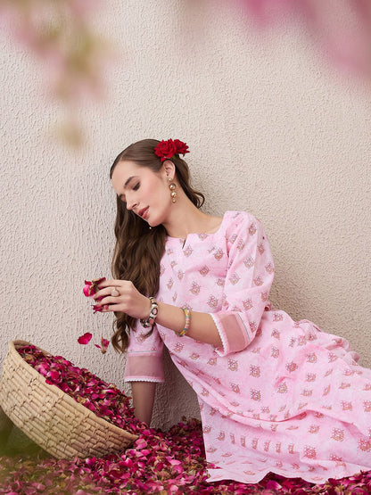 Dhiyona IE Floral Printed Round Neck Pure Cotton Straight Kurta With Trouser