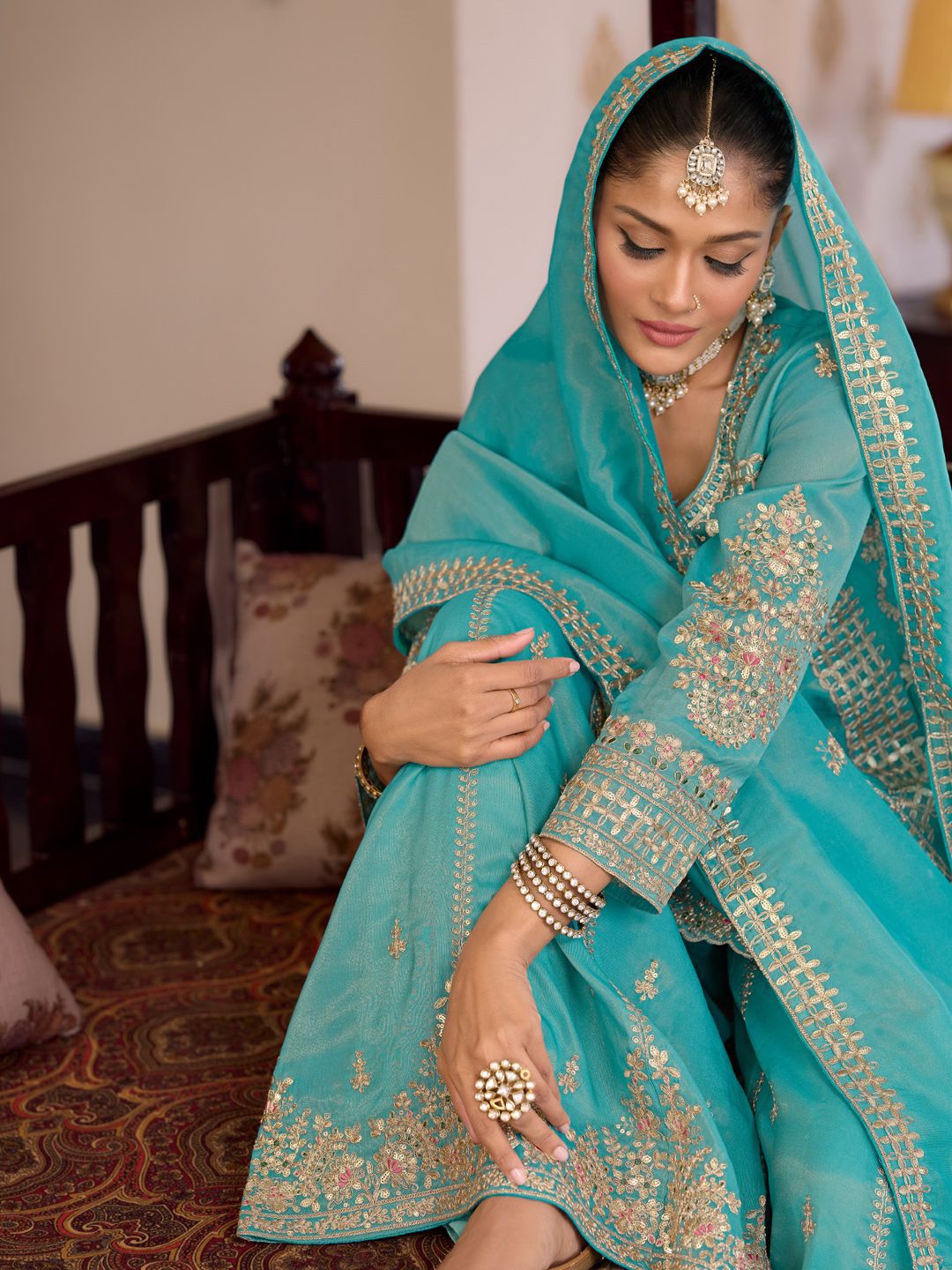 Women Ethnic Motifs Embroidered Regular Sequinned Kurta with Palazzos & With Dupatta