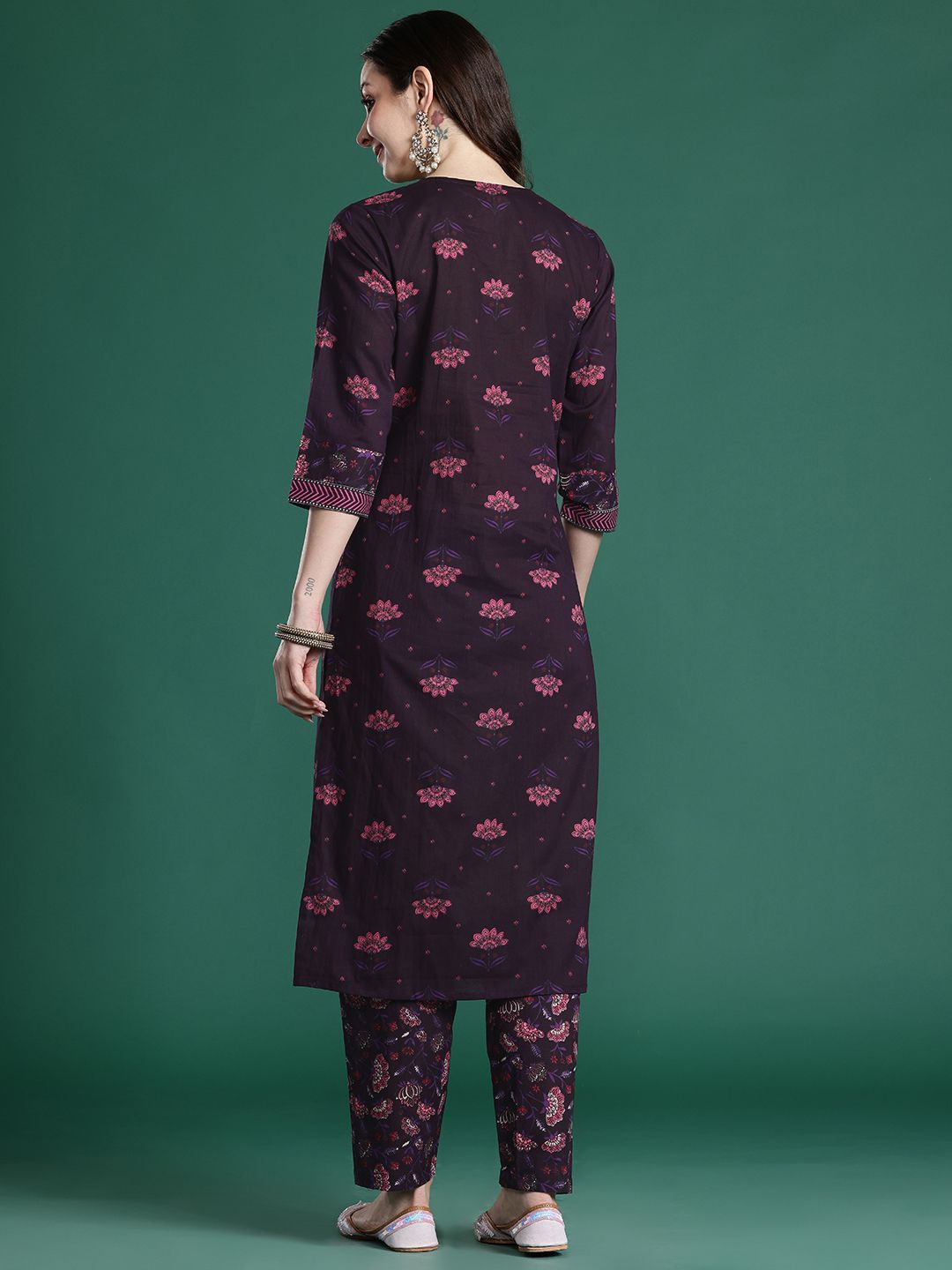 Floral Printed Beads & Stones Pure Cotton Kurta with Trousers