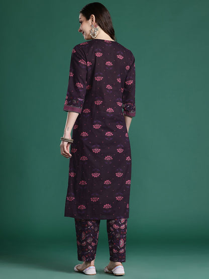 Floral Printed Beads & Stones Pure Cotton Kurta with Trousers