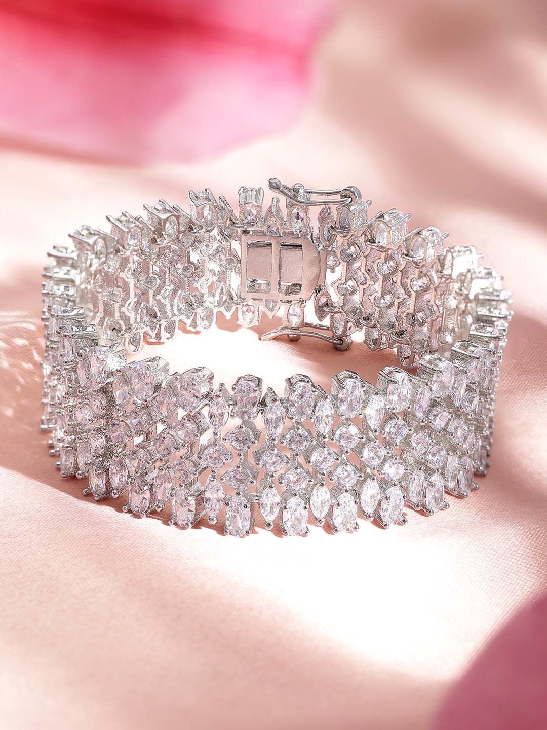 Dhiyona RJ Women's Brass Cubic Zirconia Rhodium-Plated Bangle-Style Bracelet