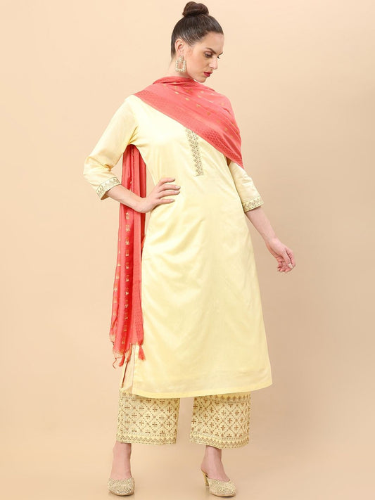 Dhiyona SO Women's Women Yellow Floral Embroidered Thread Work Raw Silk Kurta with Palazzos & With Dupatta