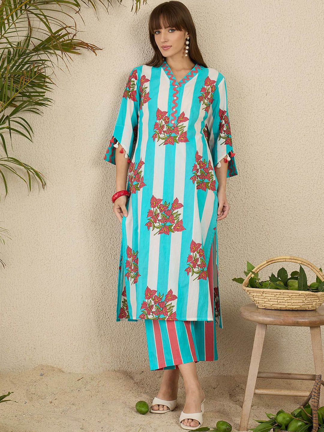Dhiyona IE Printed Pure Cotton Straight Tunic & Trousers Co-Ord Set